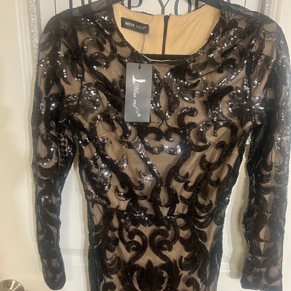 Miss Ord Elegant Black and Tan Sequin Dress - Picture 3 of 9